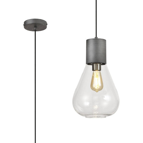Rowell Narrow Pendant, 1 x E27, Pewter/Clear Glass