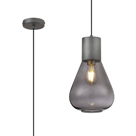 Rowell Narrow Pendant, 1 x E27, Pewter/Inky Black Glass