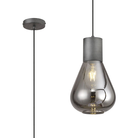 Rowell Narrow Pendant, 1 x E27, Pewter/Smoke Plated Glass