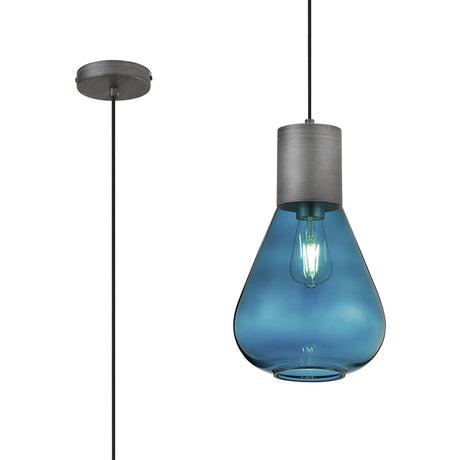 Rowell Narrow Pendant, 1 x E27, Pewter/Teal Blue Glass
