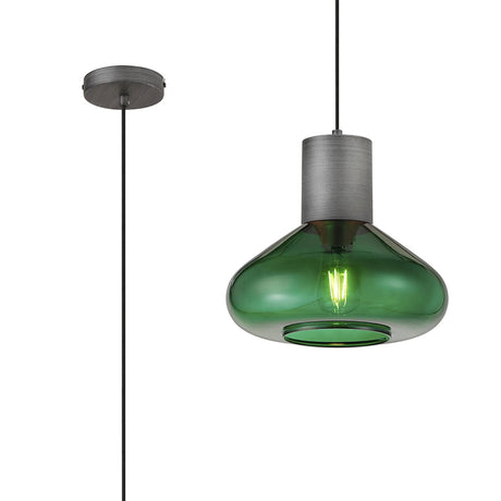 Rowell Wide Pendant, 1 x E27, Pewter/Bottle Green Glass
