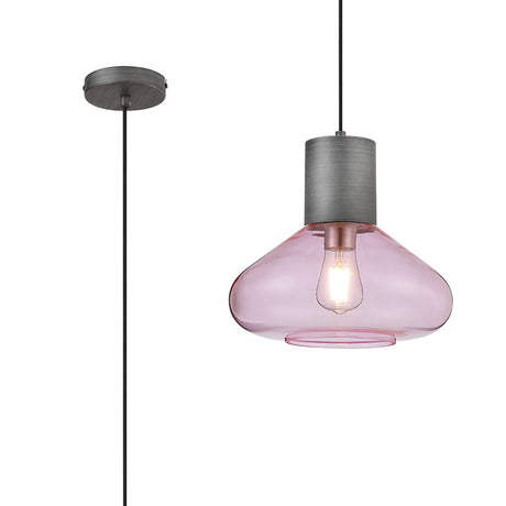 Rowell Wide Pendant, 1 x E27, Pewter/Pink Glass
