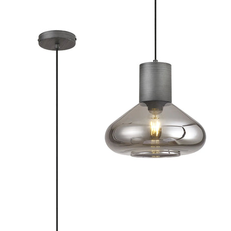 Rowell Wide Pendant, 1 x E27, Pewter/Smoke Plated Glass