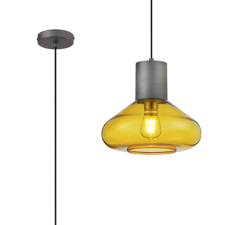 Rowell Wide Pendant, 1 x E27, Pewter/Yellow Glass