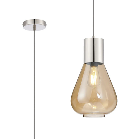 Rowell Pendant With Narrow Glass, 1 x E27, Polished Nickel/Amber/Dark Grey Braided Cable