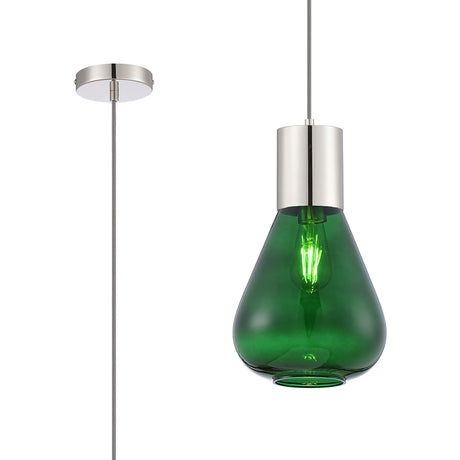 Rowell Pendant With Narrow Glass, 1 x E27, Polished Nickel/Bottle Green/Dark Grey Braided Cable