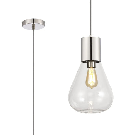 Rowell Pendant With Narrow Glass, 1 x E27, Polished Nickel/Clear/Dark Grey Braided Cable