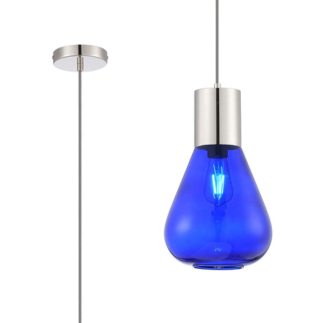 Rowell Pendant With Narrow Glass, 1 x E27, Polished Nickel/Blue Ink/Dark Grey Braided Cable