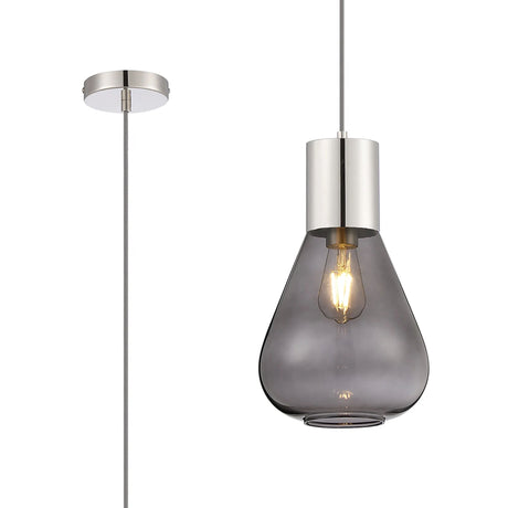 Rowell Pendant With Narrow Glass, 1 x E27, Polished Nickel/Inky Black/Dark Grey Braided Cable