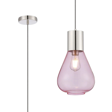 Rowell Pendant With Narrow Glass, 1 x E27, Polished Nickel/Pink/Dark Grey Braided Cable