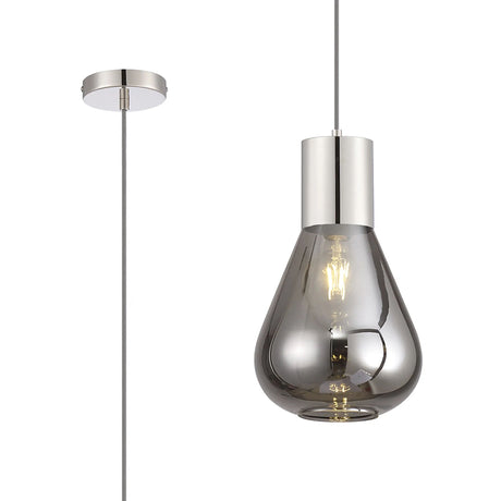 Rowell Pendant With Narrow Glass, 1 x E27, Polished Nickel/Smoke/Dark Grey Braided Cable