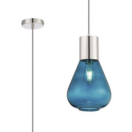Rowell Pendant With Narrow Glass, 1 x E27, Polished Nickel/Teal Blue/Dark Grey Braided Cable