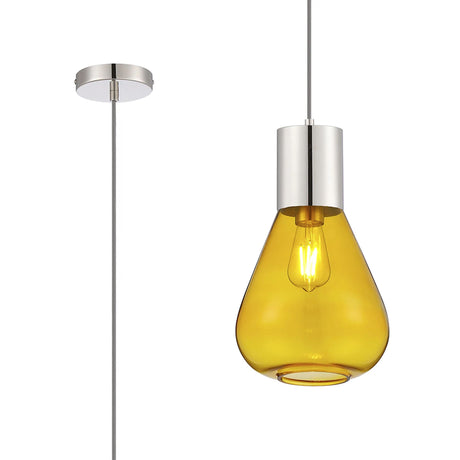 Rowell Pendant With Narrow Glass, 1 x E27, Polished Nickel/Yellow/Dark Grey Braided Cable