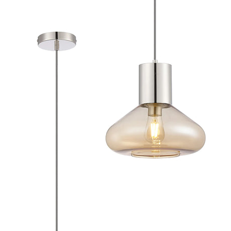 Rowell Pendant With Wide Glass, 1 x E27, Polished Nickel/Amber/Dark Grey Braided Cable