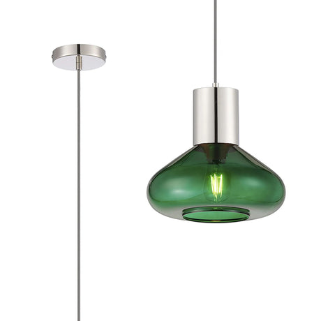 Rowell Pendant With Wide Glass, 1 x E27, Polished Nickel/Bottle Green/Dark Grey Braided Cable