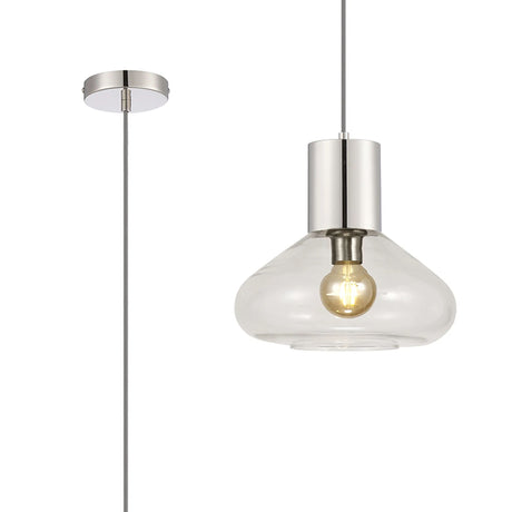 Rowell Pendant With Wide Glass, 1 x E27, Polished Nickel/Clear/Dark Grey Braided Cable