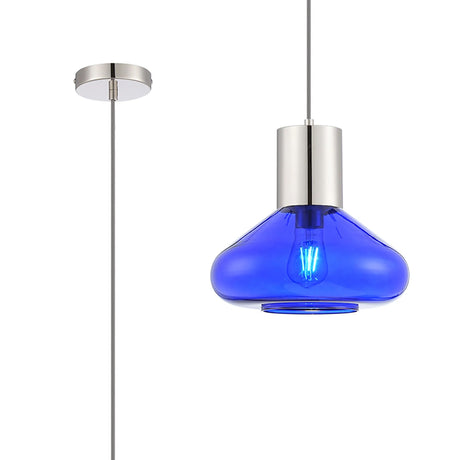 Rowell Pendant With Wide Glass, 1 x E27, Polished Nickel/Blue Ink/Dark Grey Braided Cable