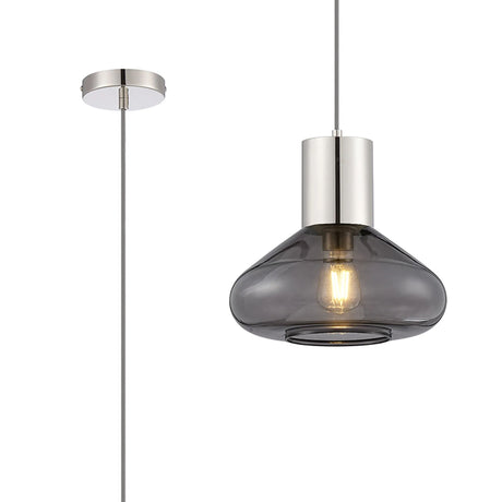 Rowell Pendant With Wide Glass, 1 x E27, Polished Nickel/Inky Black/Dark Grey Braided Cable