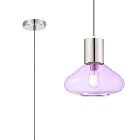 Rowell Pendant With Wide Glass, 1 x E27, Polished Nickel/Lilac/Dark Grey Braided Cable