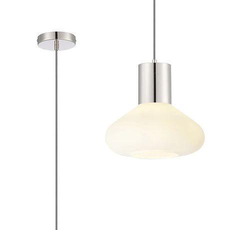 Rowell Pendant With Wide Glass, 1 x E27, Polished Nickel/Opal/Dark Grey Braided Cable