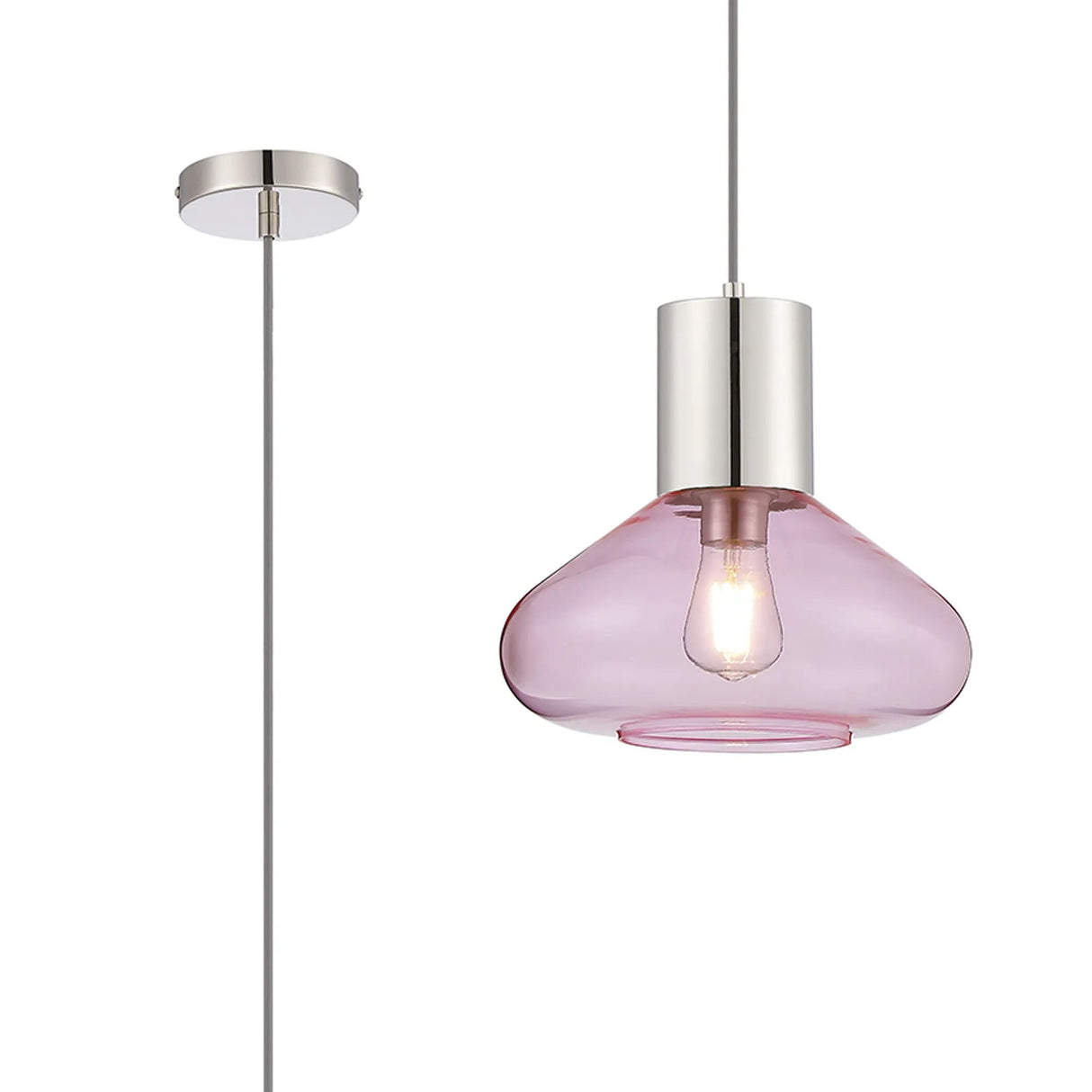 Rowell Pendant With Wide Glass, 1 x E27, Polished Nickel/Pink/Dark Grey Braided Cable