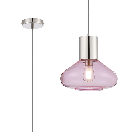 Rowell Pendant With Wide Glass, 1 x E27, Polished Nickel/Pink/Dark Grey Braided Cable