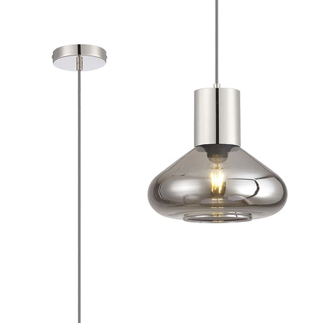 Rowell Pendant With Wide Glass, 1 x E27, Polished Nickel/Smoke/Dark Grey Braided Cable