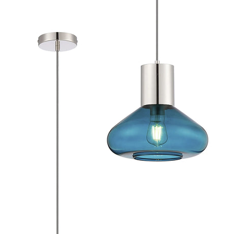 Rowell Pendant With Wide Glass, 1 x E27, Polished Nickel/Teal Blue/Dark Grey Braided Cable