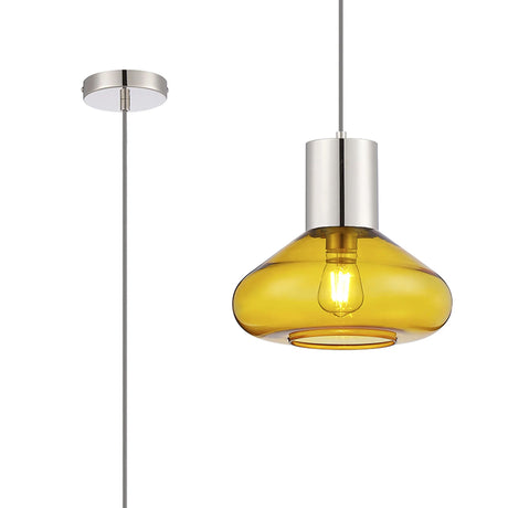 Rowell Pendant With Wide Glass, 1 x E27, Polished Nickel/Yellow/Dark Grey Braided Cable