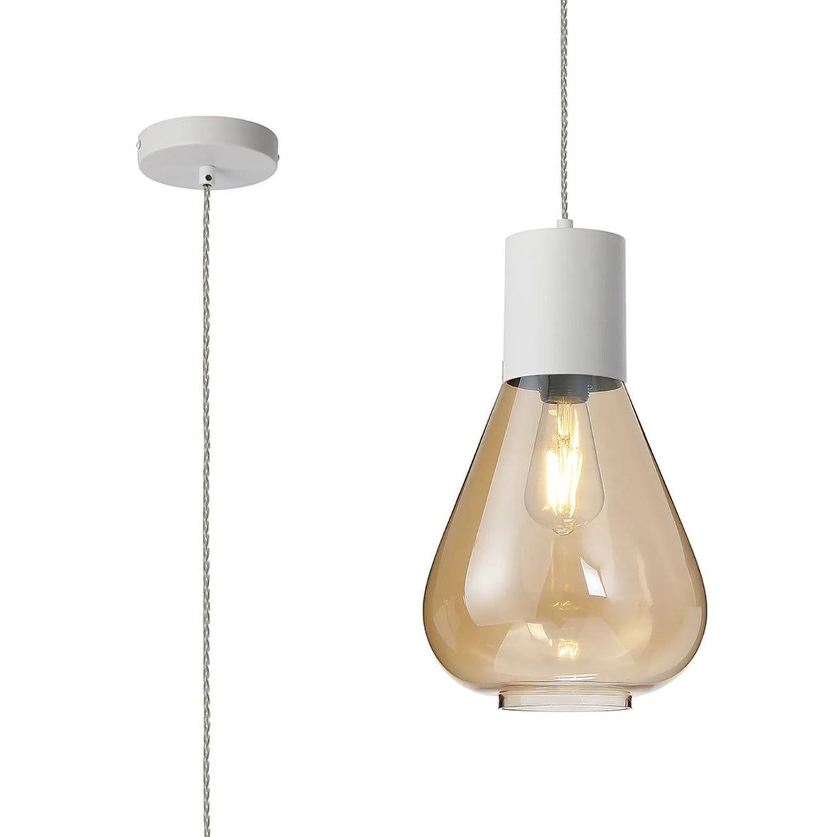 Rowell Pendant With Narrow Glass, 1 x E27, Satin White/Amber/Clear Twisted Cable