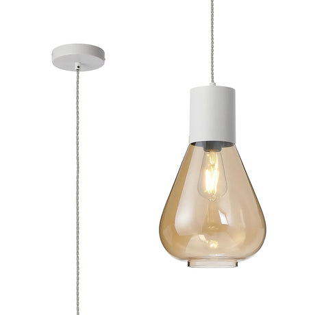 Rowell Pendant With Narrow Glass, 1 x E27, Satin White/Amber/Clear Twisted Cable