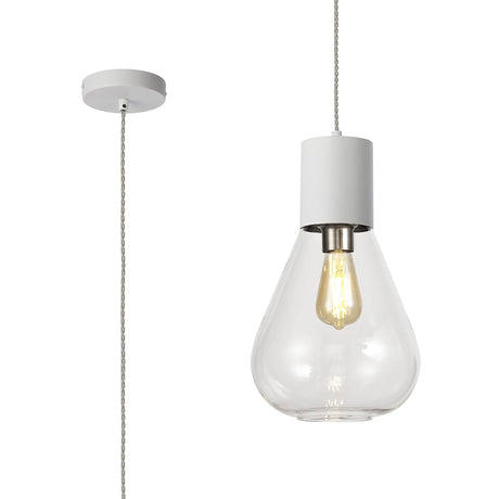 Rowell Pendant With Narrow Glass, 1 x E27, Satin White/Clear/Clear Twisted Cable