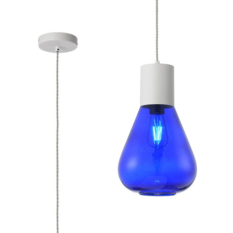 Rowell Pendant With Narrow Glass, 1 x E27, Satin White/Blue Ink/Clear Twisted Cable