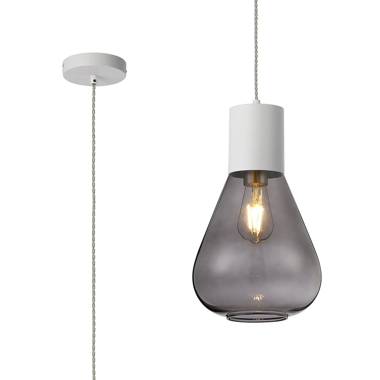 Rowell Pendant With Narrow Glass, 1 x E27, Satin White/Inky Black/Clear Twisted Cable