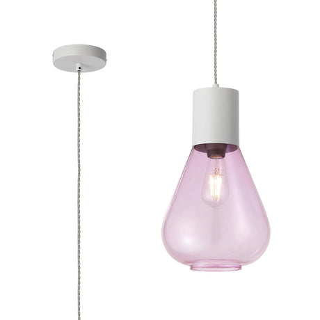 Rowell Pendant With Narrow Glass, 1 x E27, Satin White/Lilac/Clear Twisted Cable