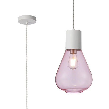 Rowell Pendant With Narrow Glass, 1 x E27, Satin White/Pink/Clear Twisted Cable