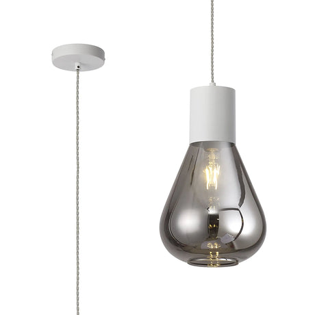 Rowell Pendant With Narrow Glass, 1 x E27, Satin White/Smoke/Clear Twisted Cable