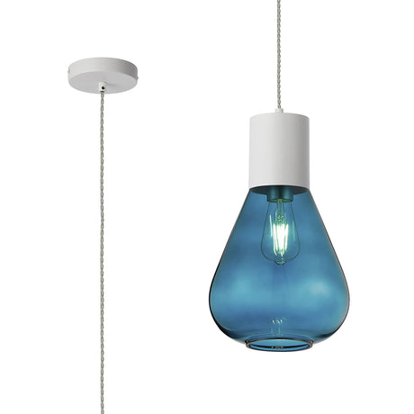 Rowell Pendant With Narrow Glass, 1 x E27, Satin White/Teal Blue/Clear Twisted Cable