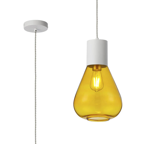 Rowell Pendant With Narrow Glass, 1 x E27, Satin White/Yellow/Clear Twisted Cable