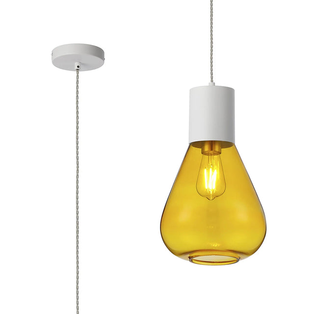 Rowell Pendant With Narrow Glass, 1 x E27, Satin White/Yellow/Clear Twisted Cable