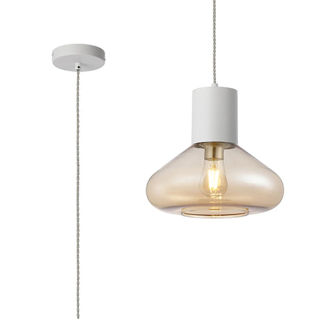 Rowell Pendant With Wide Glass, 1 x E27, Satin White/Amber/Clear Twisted Cable