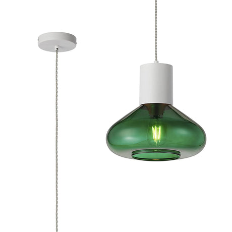 Rowell Pendant With Wide Glass, 1 x E27, Satin White/Bottle Green/Clear Twisted Cable