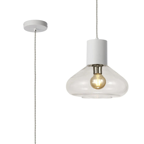 Rowell Pendant With Wide Glass, 1 x E27, Satin White/Clear/Clear Twisted Cable