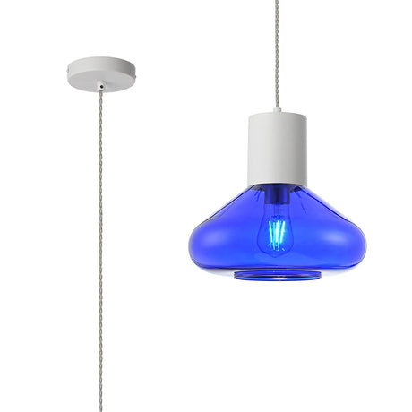 Rowell Pendant With Wide Glass, 1 x E27, Satin White/Blue Ink/Clear Twisted Cable