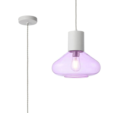 Rowell Pendant With Wide Glass, 1 x E27, Satin White/Lilac/Clear Twisted Cable