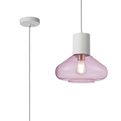 Rowell Pendant With Wide Glass, 1 x E27, Satin White/Pink/Clear Twisted Cable