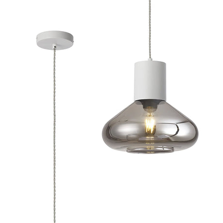 Rowell Pendant With Wide Glass, 1 x E27, Satin White/Smoke/Clear Twisted Cable