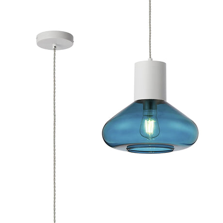 Rowell Pendant With Wide Glass, 1 x E27, Satin White/Teal Blue/Clear Twisted Cable