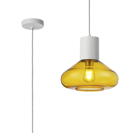 Rowell Pendant With Wide Glass, 1 x E27, Satin White/Yellow/Clear Twisted Cable
