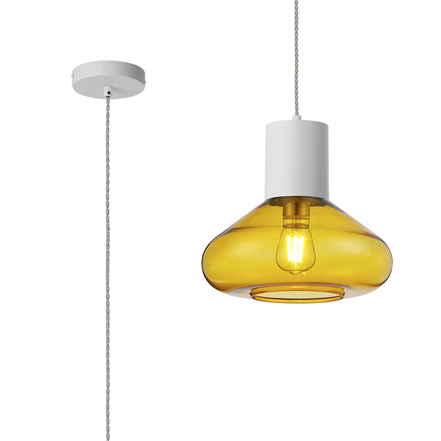 Rowell Pendant With Wide Glass, 1 x E27, Satin White/Yellow/Clear Twisted Cable